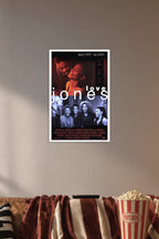 Love Jones Movie in a cozy movie room above a brown sofa with popcorn.