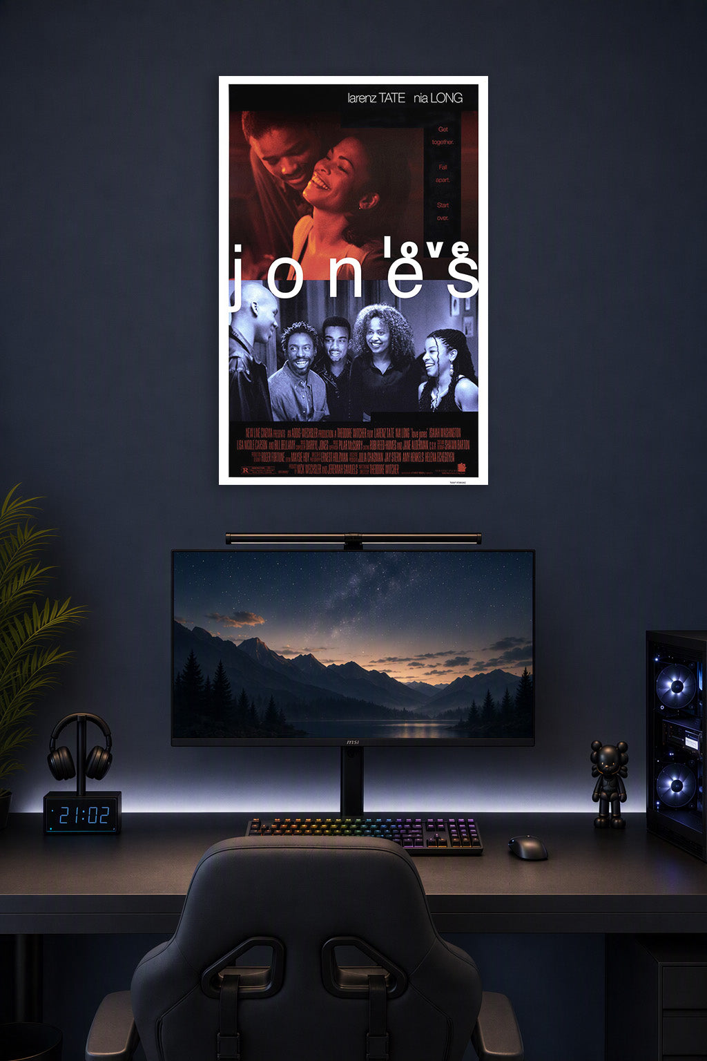 Love Jones Movie in a gaming desk setup above a monitor.