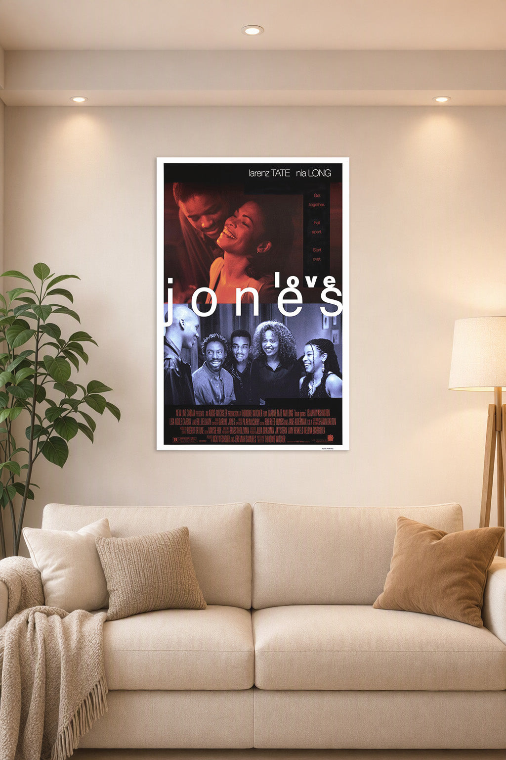 Love Jones Movie in a bright living room above a beige sofa.