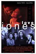 Love Jones movie poster with a smiling couple in red above five friends in blue, crossed by bold white title text.