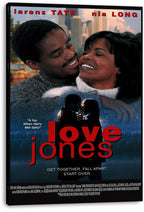 Love Jones wall art print on a black-edged canvas, with Larenz Tate and Nia Long embracing above silhouetted lovers.