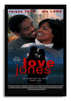 Love Jones framed wall art print with a black border, featuring a smiling couple, city skyline, and red title text.