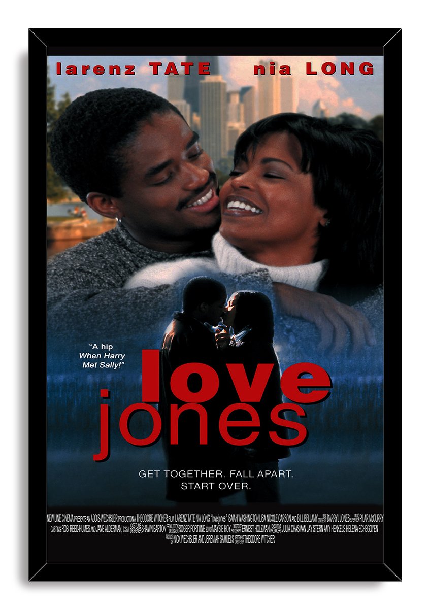 Love Jones framed wall art print with a black border, featuring a smiling couple, city skyline, and red title text.