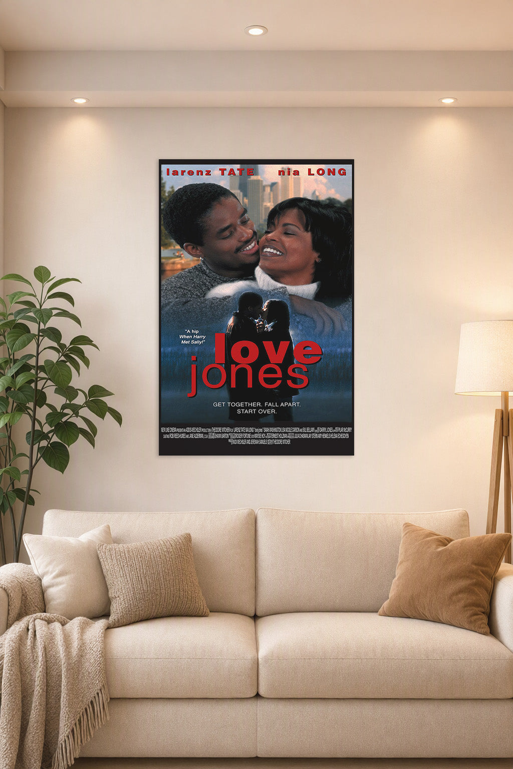 Love Jones Movie Poster in a bright living room above a beige sofa.