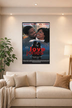 Love Jones Movie Poster in a bright living room above a beige sofa.