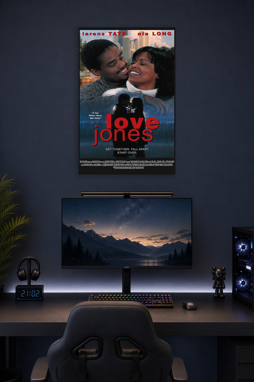 Love Jones Movie Poster in a gaming desk setup above a monitor.