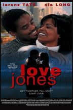 Love Jones movie poster featuring Larenz Tate and Nia Long smiling in an embrace above silhouetted lovers and a city skyline.