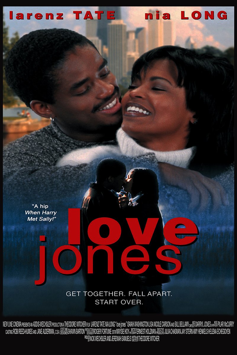 Love Jones movie poster featuring Larenz Tate and Nia Long smiling in an embrace above silhouetted lovers and a city skyline.