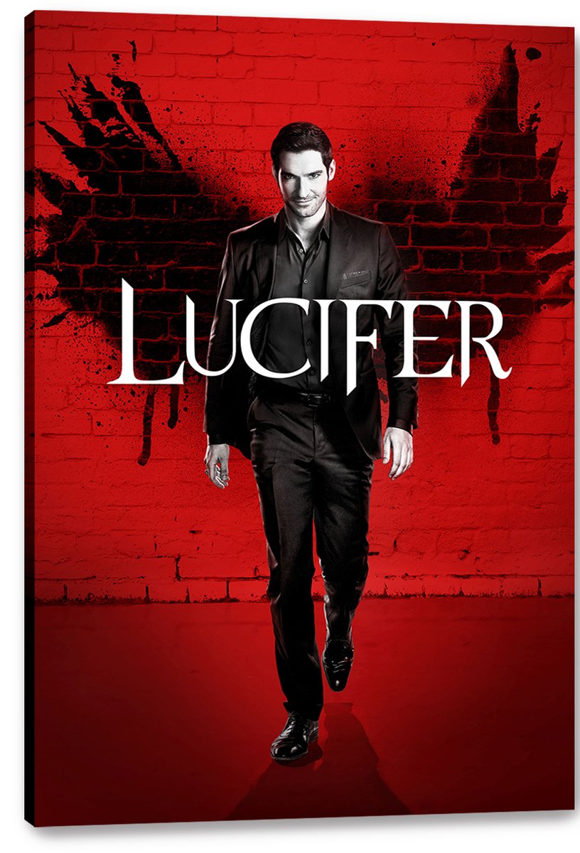 Lucifer Morningstar canvas wall art print presents a suited man walking against red brick, black spray-painted wings, and bold white Lucifer lettering.
