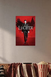 Lucifer Morningstar in a cozy movie room above a brown sofa with popcorn.
