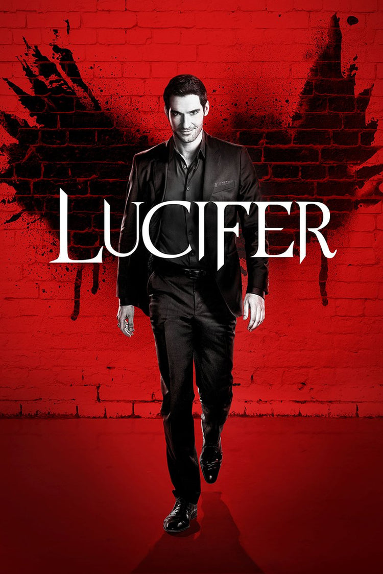Lucifer Morningstar poster features a man in a black suit walking before a red brick wall with black wing-like graffiti and white Lucifer text.