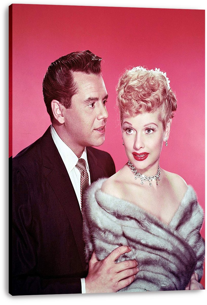 Lucille Ball and Desi Arnaz canvas wall art print, featuring the couple in formal attire against a vivid pink background.