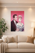 Lucille Ball Desi Arnaz in a bright living room above a beige sofa.