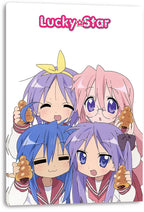 Lucky Star canvas wall art print displays four cheerful anime schoolgirls holding cornet bread on a white background.