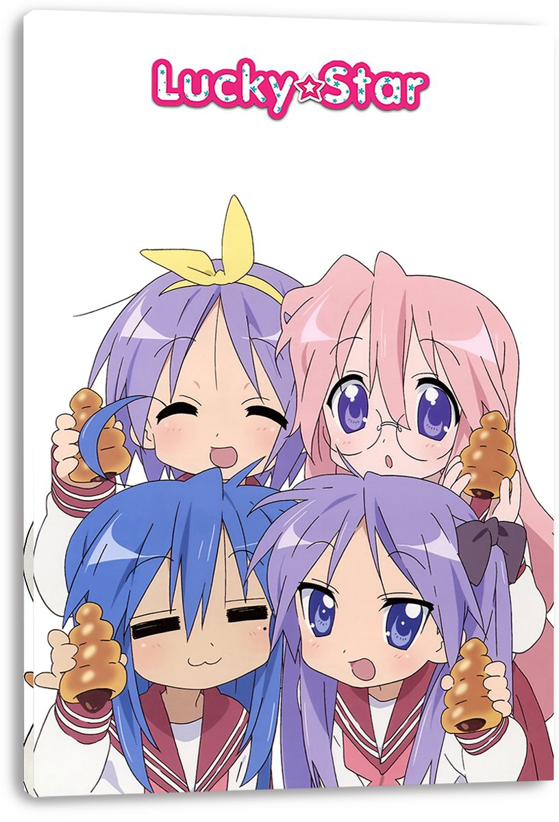 Lucky Star canvas wall art print displays four cheerful anime schoolgirls holding cornet bread on a white background.
