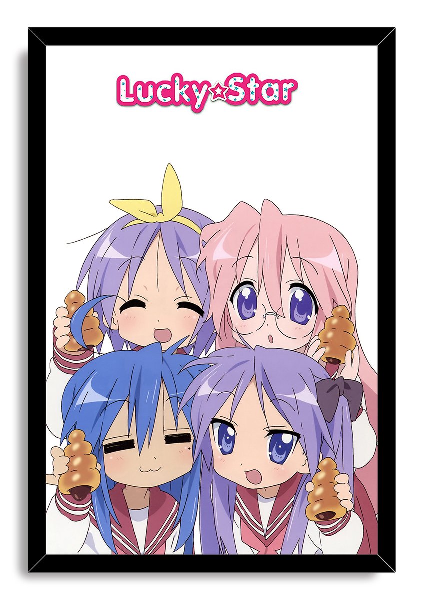 Lucky Star framed wall art print presents four anime girls holding cornet bread, bordered by a sleek black frame.