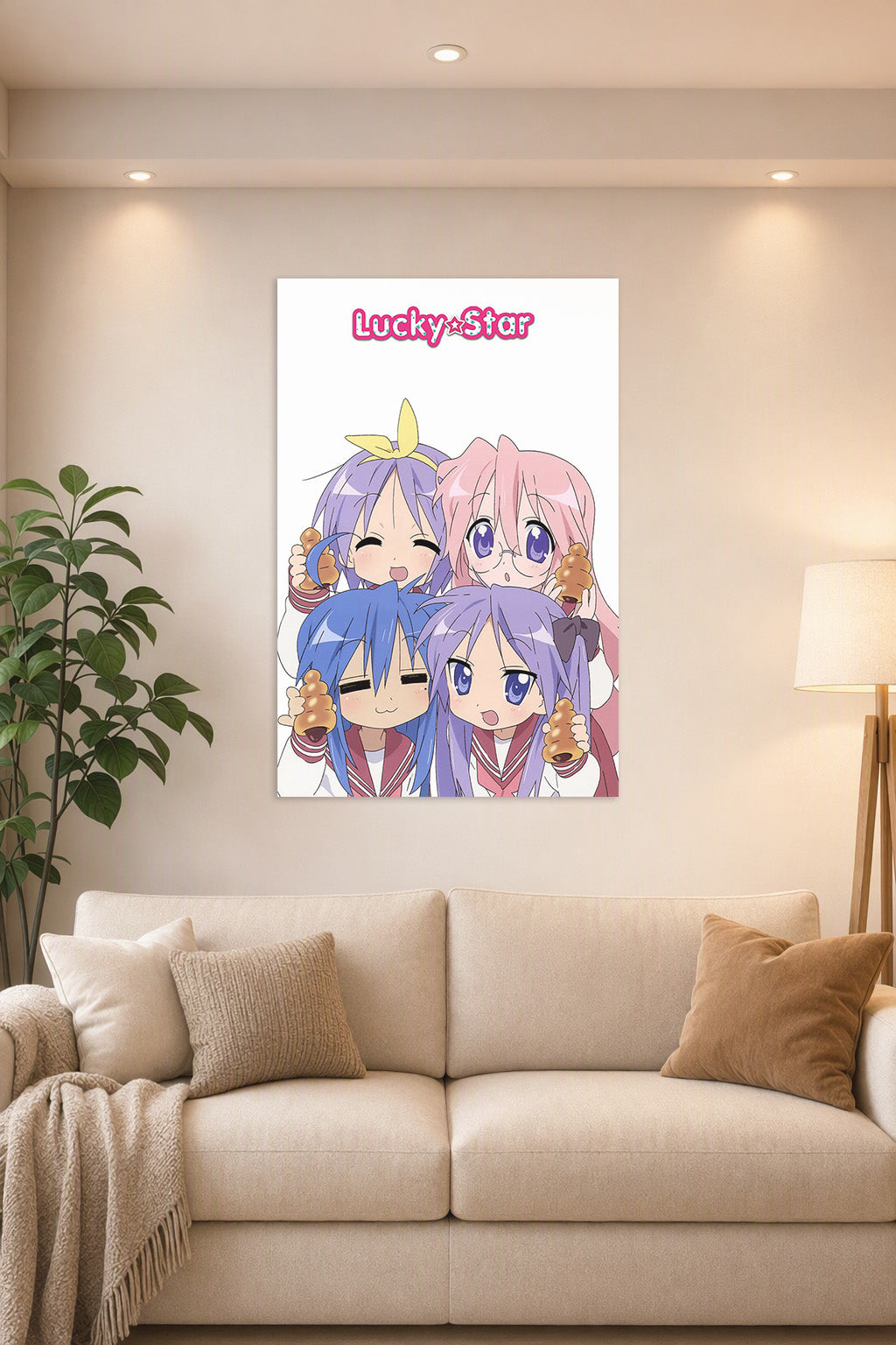 Lucky Star Anime Girls in a bright living room above a beige sofa.