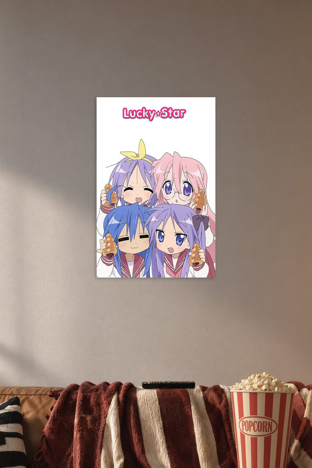 Lucky Star Anime Girls in a cozy movie room above a brown sofa with popcorn.