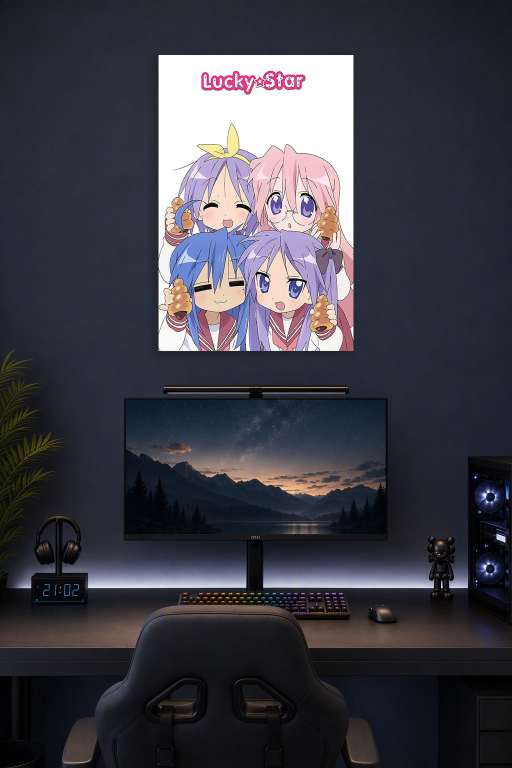 Lucky Star Anime Girls in a gaming desk setup above a monitor.