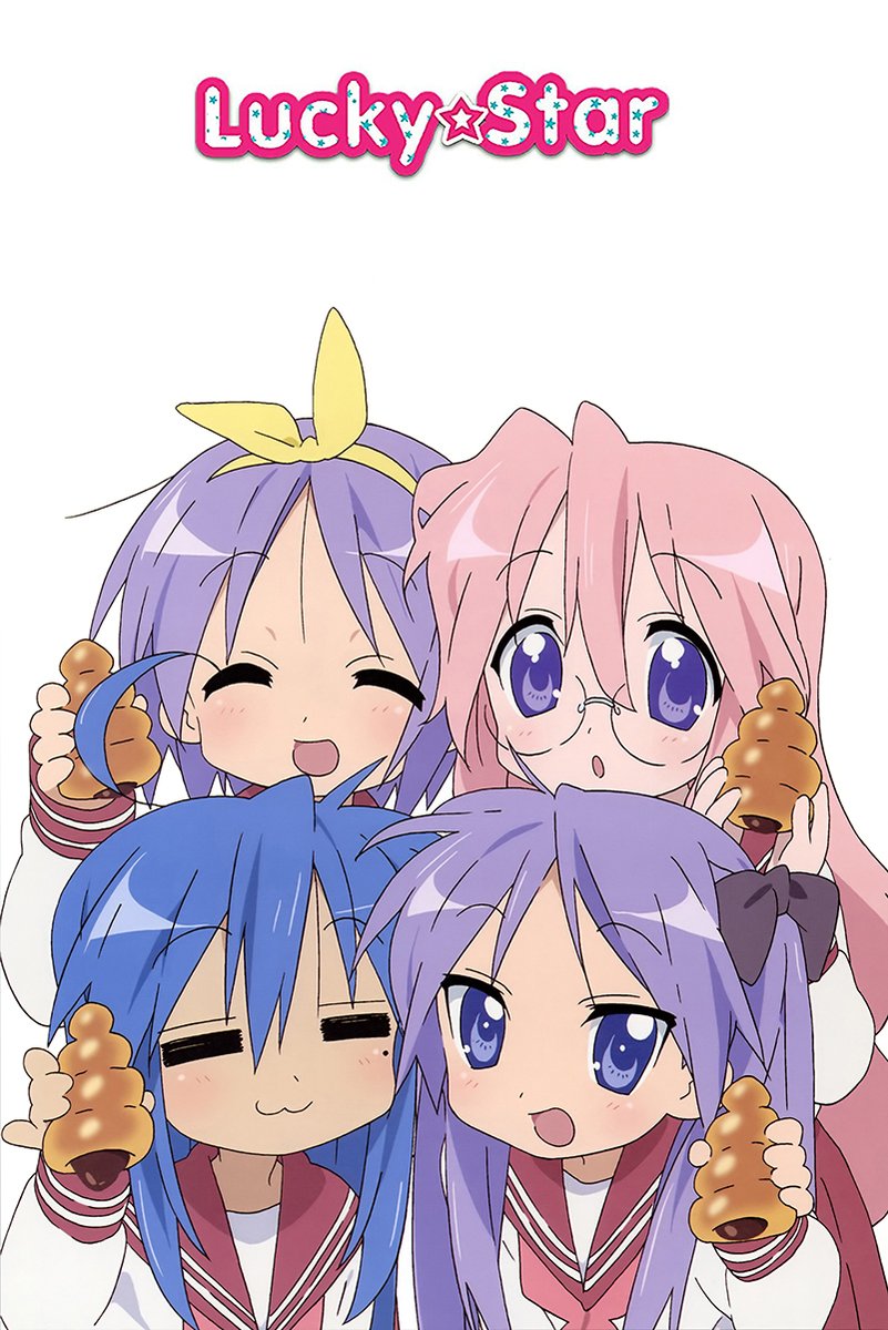 Lucky Star wall art print features four anime schoolgirls with blue, pink, and purple hair holding cornet bread beneath the logo.