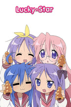 Lucky Star wall art print features four anime schoolgirls with blue, pink, and purple hair holding cornet bread beneath the logo.