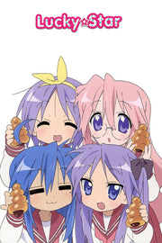 Lucky Star wall art print features four anime schoolgirls with blue, pink, and purple hair holding cornet bread beneath the logo.
