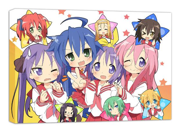 Lucky Star canvas wall art print featuring anime schoolgirls in red-and-white uniforms against a yellow star pattern.
