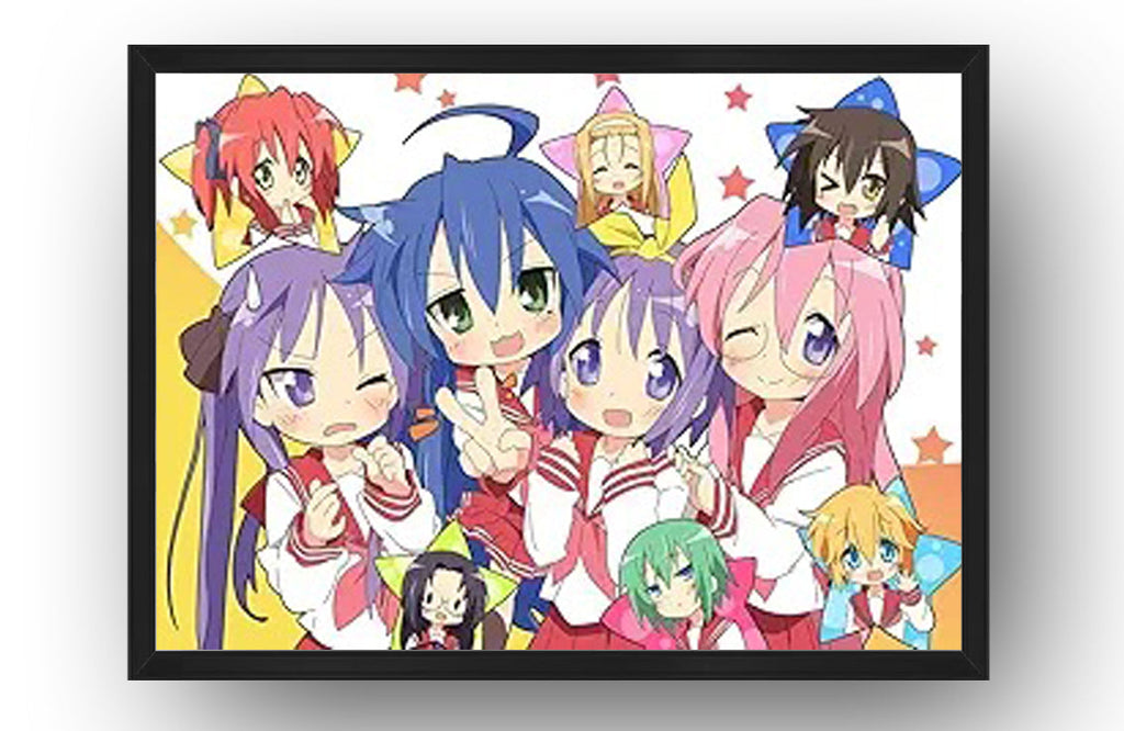 Lucky Star framed wall art print featuring a cheerful group of anime schoolgirls with colorful hair and star motifs.