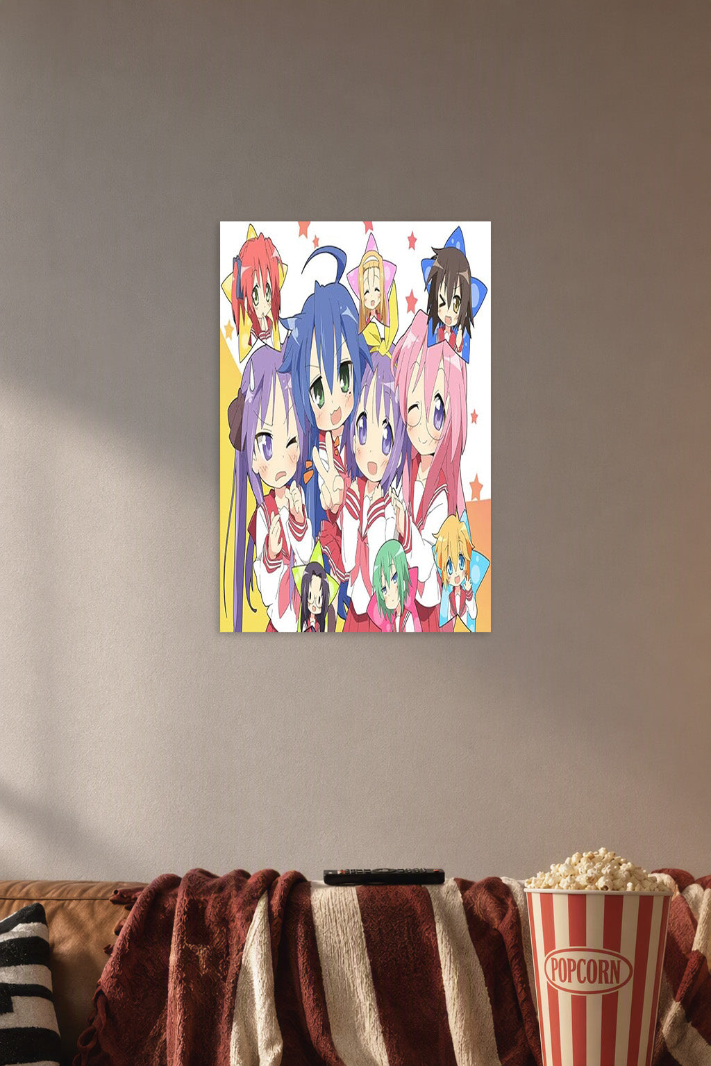 Lucky Star Customized Poster in a cozy movie room above a brown sofa with popcorn.