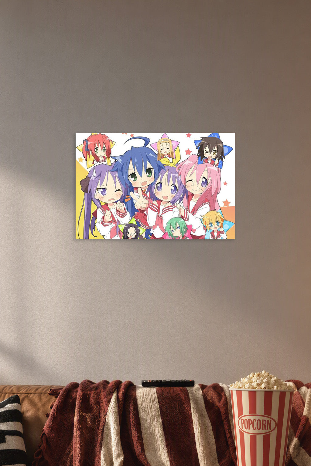 Lucky Star Customized Poster in a cozy movie room above a brown sofa with popcorn.