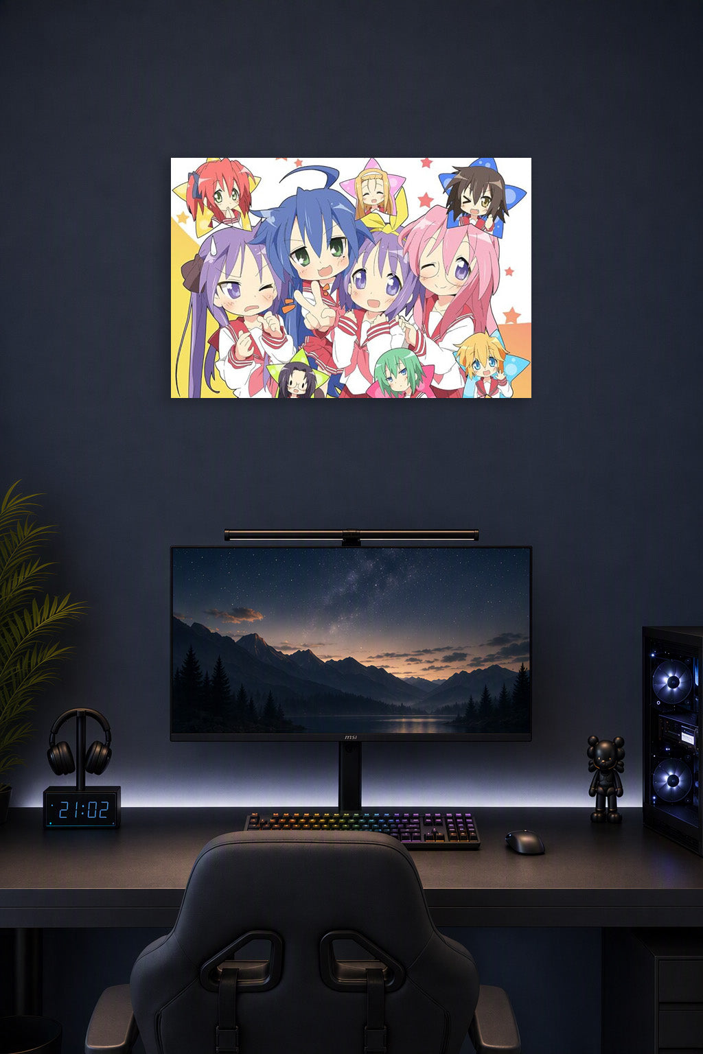Lucky Star Customized Poster in a gaming desk setup above a monitor.