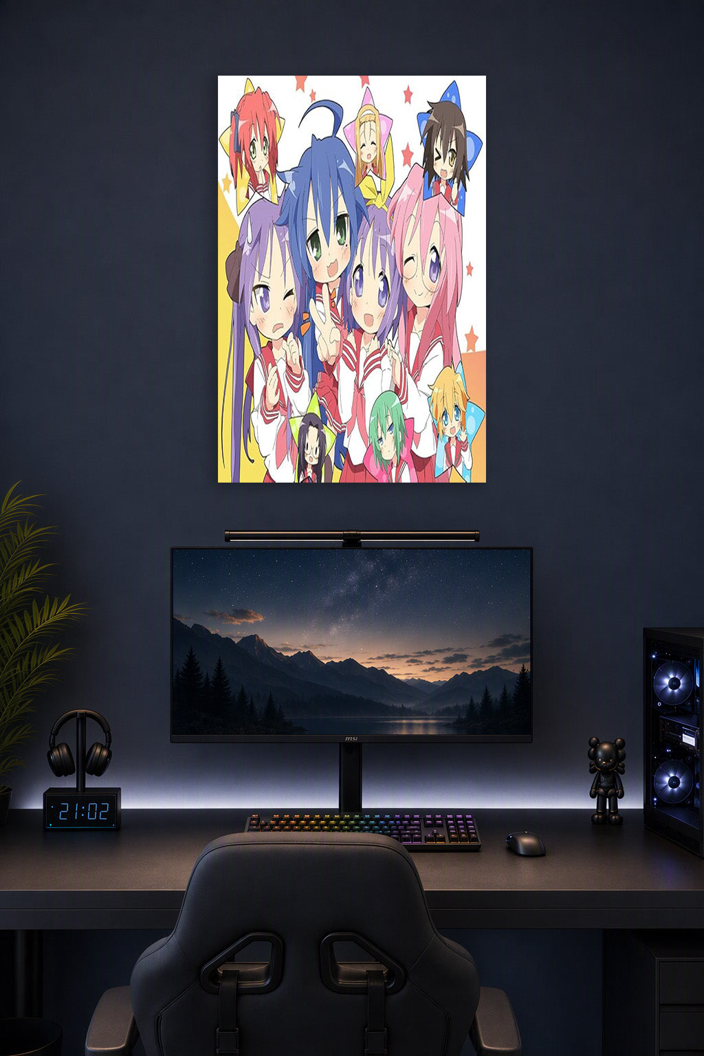 Lucky Star Customized Poster in a gaming desk setup above a monitor.
