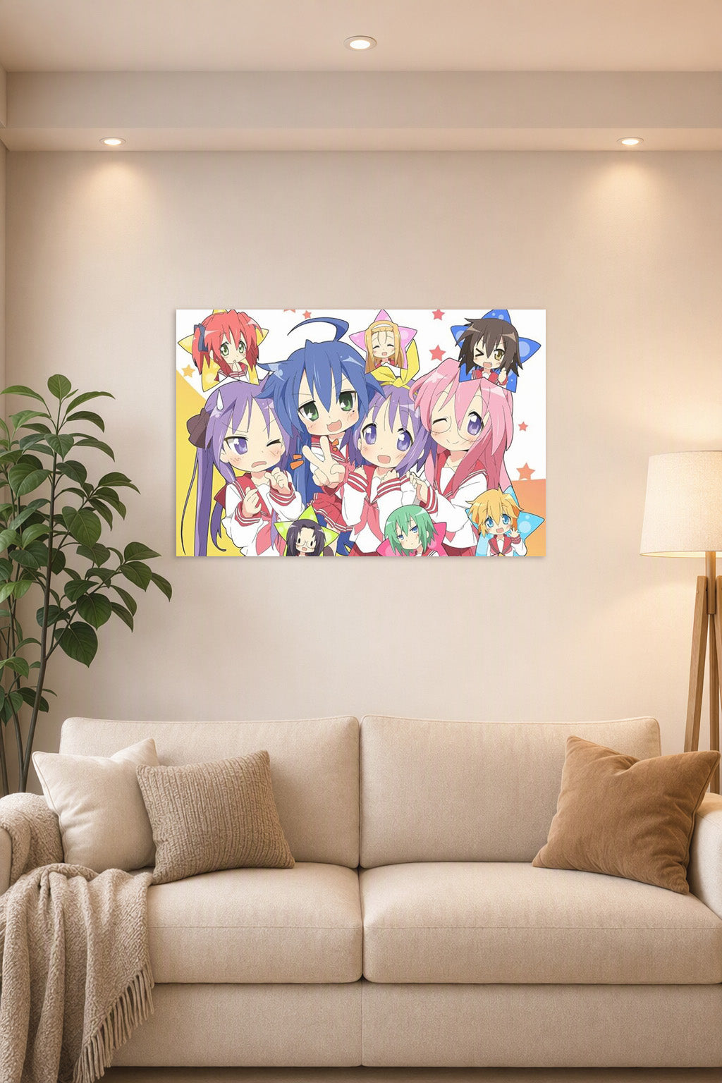 Lucky Star Customized Poster in a bright living room above a beige sofa.