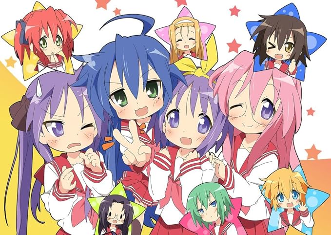 Lucky Star poster art print featuring colorful anime schoolgirls with bows, star accents, and playful winking poses.