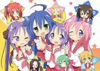 Lucky Star poster art print featuring colorful anime schoolgirls with bows, star accents, and playful winking poses.