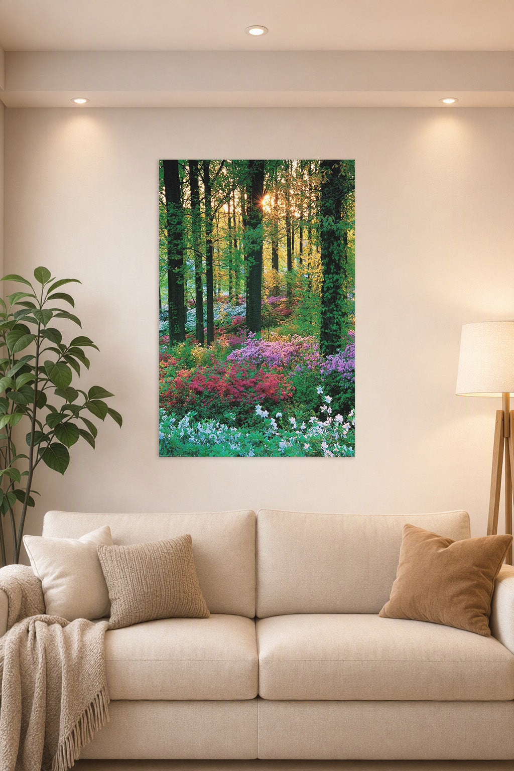 Lush Forest Bloom in a bright living room above a beige sofa.