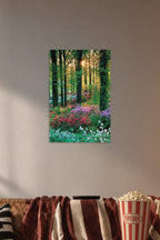 Lush Forest Bloom in a cozy movie room above a brown sofa with popcorn.