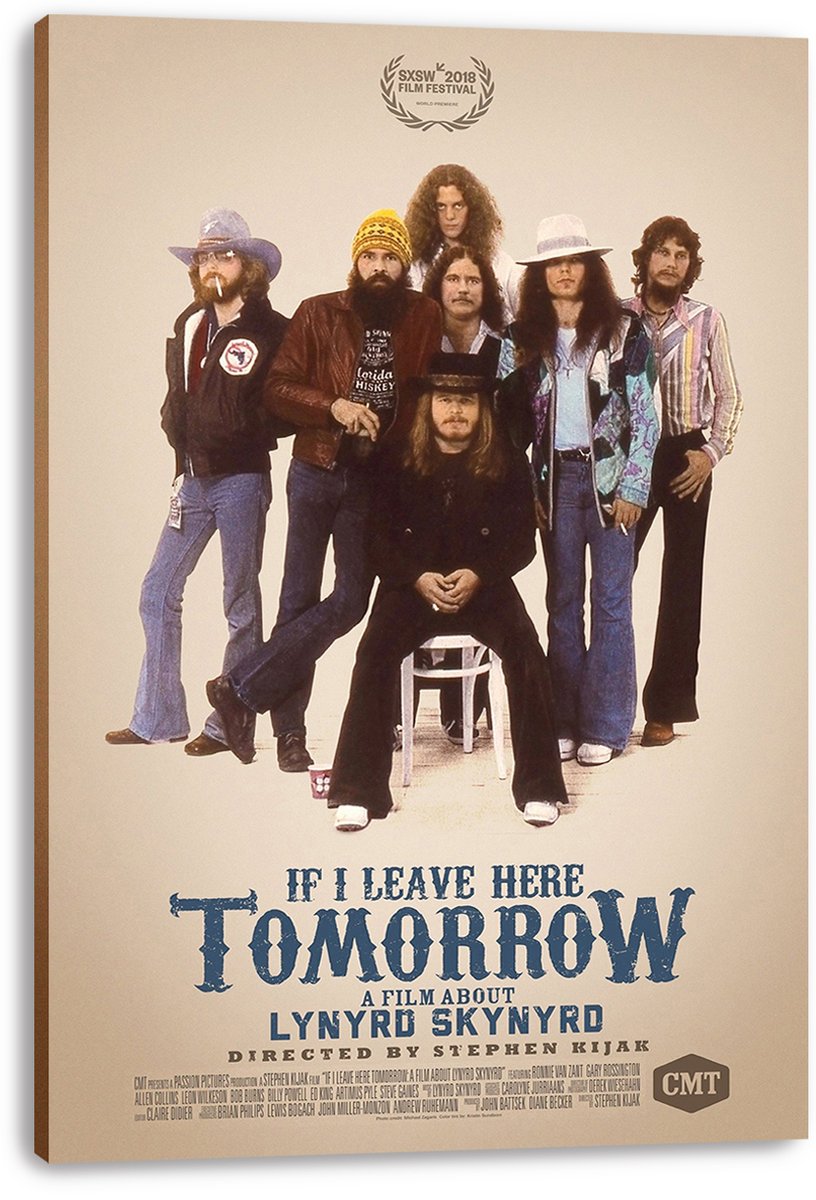 Lynyrd Skynyrd If I Leave Here Tomorrow canvas wall art print featuring seven musicians and bold blue title text.