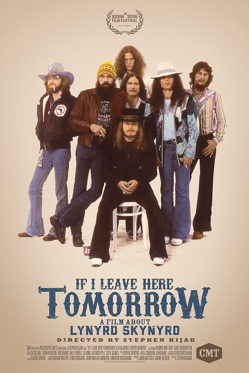 Lynyrd Skynyrd If I Leave Here Tomorrow movie poster with seven band members posed against a cream background.