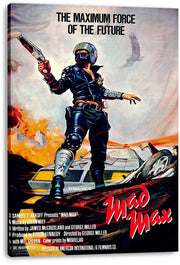 Mad Max canvas wall art print featuring an armed helmeted officer before a police car, blazing ruins, eagle, and red title lettering.