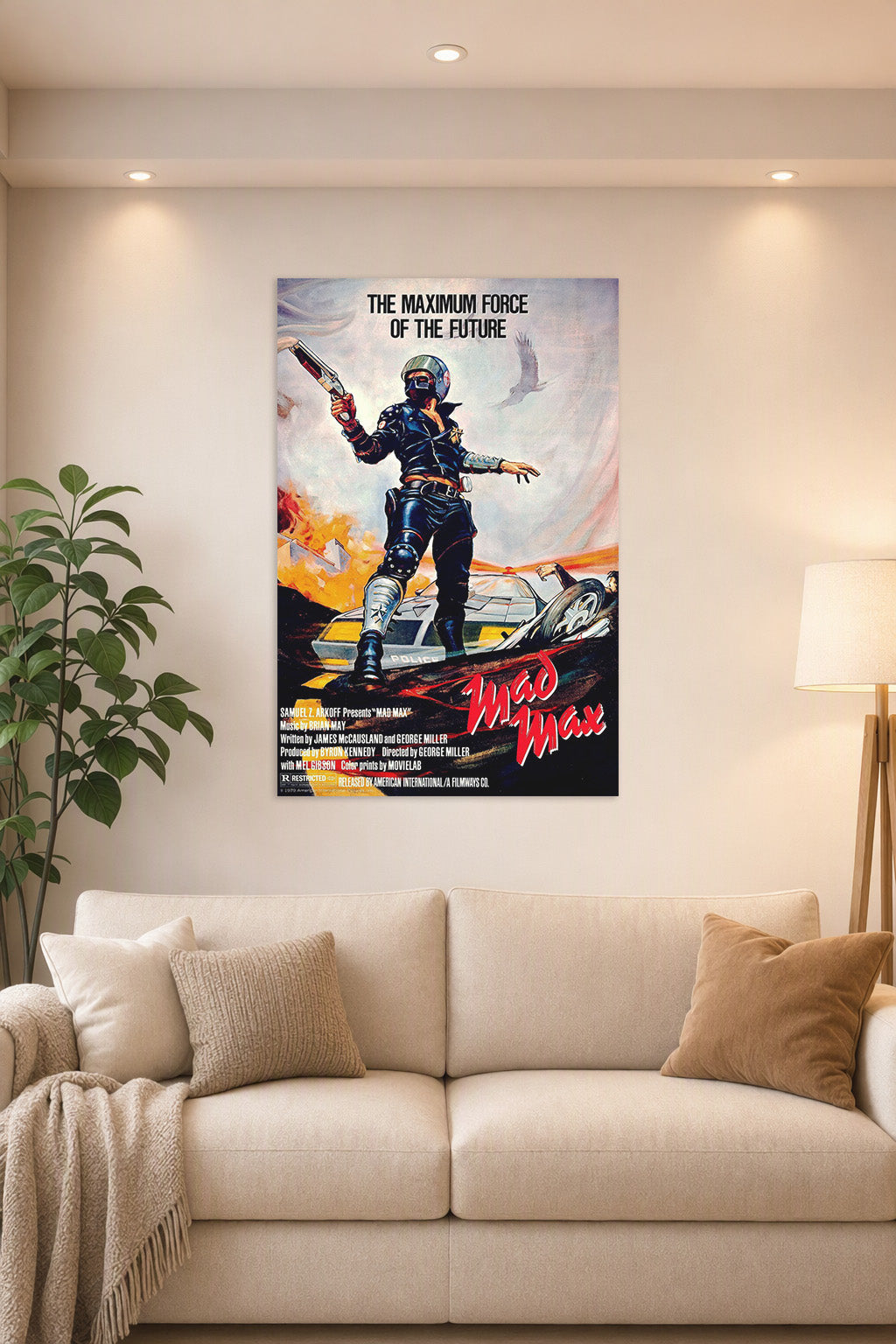 Mad Max in a bright living room above a beige sofa.