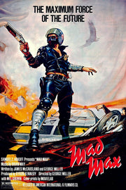 Mad Max poster artwork featuring a helmeted leather-clad officer with a gun, police car, wrecked vehicle, fire, and eagle.