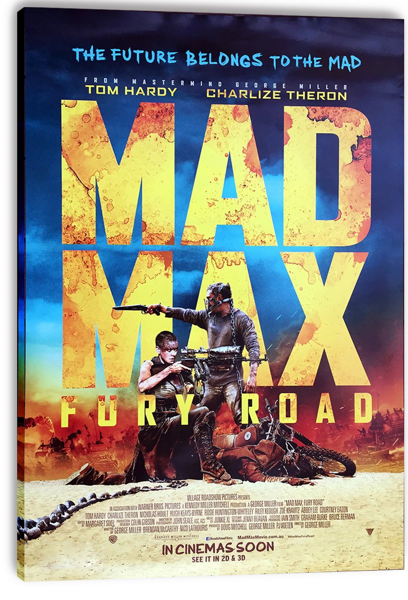 Mad Max: Fury Road wall art print on a thick canvas, featuring yellow title lettering, armed characters, motorcycle, and red desert horizon.