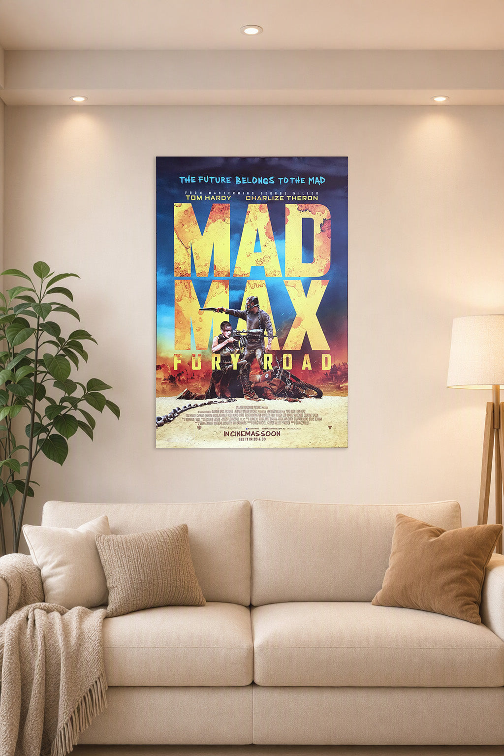 Mad Max: Fury Road in a bright living room above a beige sofa.
