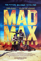 Mad Max: Fury Road poster with giant weathered yellow title text, two armed figures, a motorcycle, and a fiery desert scene.
