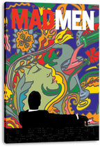 Mad Men canvas wall art print displays a seated black silhouette against colorful psychedelic flowers, a woman's face, and a pink cocktail glass.