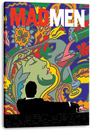 Mad Men canvas wall art print displays a seated black silhouette against colorful psychedelic flowers, a woman's face, and a pink cocktail glass.