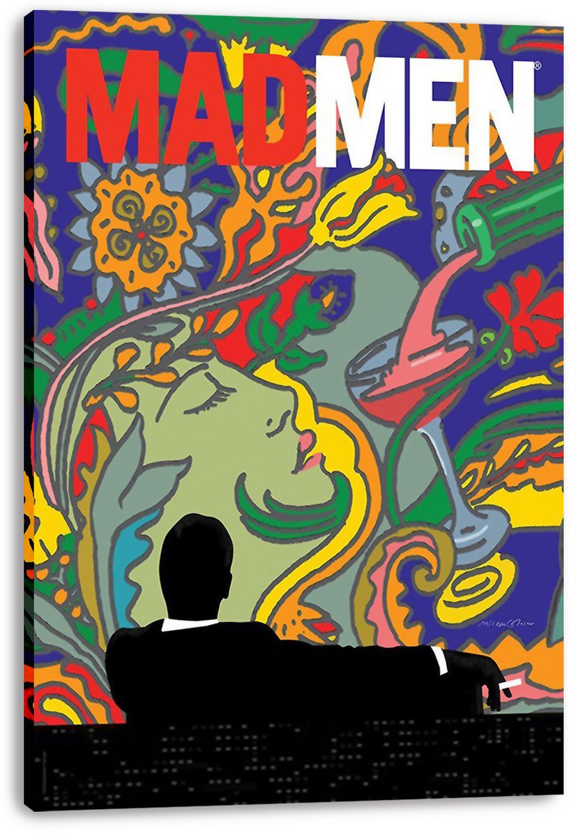 Mad Men canvas wall art print displays a seated black silhouette against colorful psychedelic flowers, a woman's face, and a pink cocktail glass.