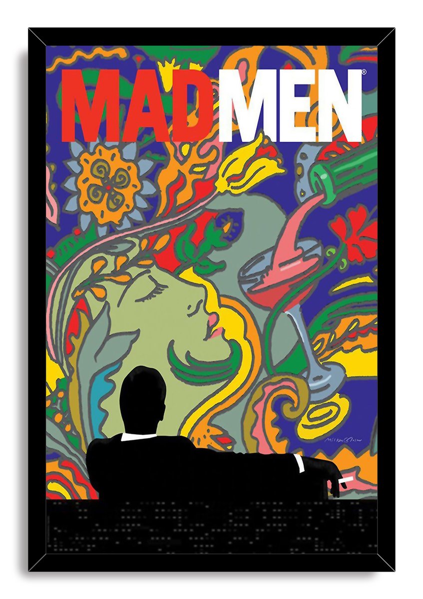 Mad Men framed wall art print features bold red and white lettering above a silhouetted man, colorful woman’s profile, and cocktail glass.
