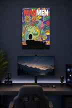 Mad Men in a gaming desk setup above a monitor.